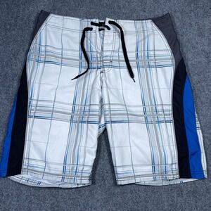 BKE Sport Board Shorts Mens 36 White Blue Plaid Swim Trunks Slim Fit Polyester‎